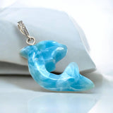 Larimar Dolphin Pendant - 14g Silver Pave Diamond Larimar Pendant , Spiritual Emotional Healing Chakra Jewelry, December Birthstone Gifts