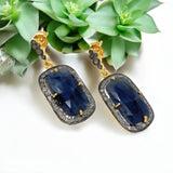 Blue Sapphire Gemstone Pave Diamond Earrings, Spiritual Healing Chakra Jewelry, September Birthstone Gifts, Protection Jewelry