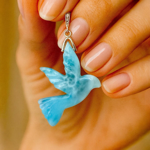 Larimar Bird Pave Diamond Pendant, Chakra Jewelry, Spiritual Healing Crystal Jewelry, Emotional Healing December Birthstone Large Pendant