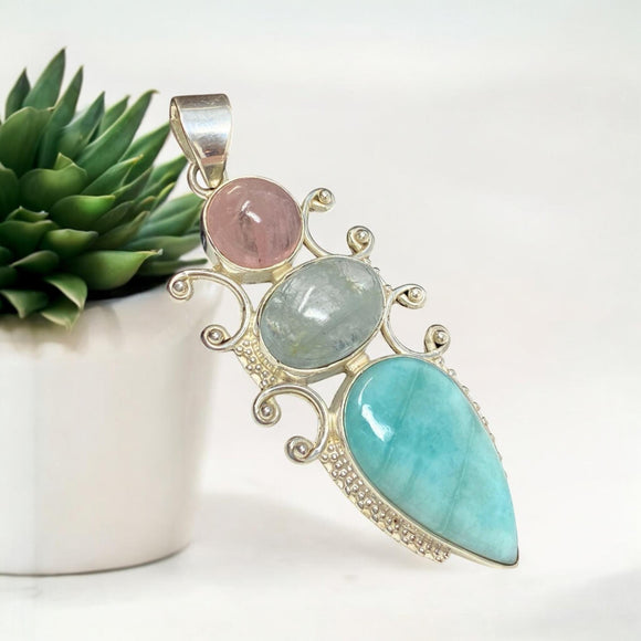 Sterling Silver Gemstone Pendant : Larimar, Morganite, Aquamarine, Spiritual Healing Crystal Pendant, Chakra Jewelry, Bohemian Jewelry Gifts