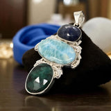 Silver Gemstone Pendant: Larimar, Emerald and Blue Sapphire, Spiritual Healing Crystal Pendant, Chakra Jewelry, Birthstone Jewlery Gifts