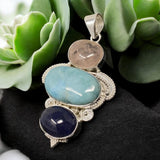 Silver Gemstone Pendant : Larimar, Morganite & Tanzanite, Spiritual Healing Crystal Pendant, Chakra Jewelry, Birthstone Jewelry Gifts