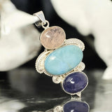 Silver Gemstone Pendant : Larimar, Morganite & Tanzanite, Spiritual Healing Crystal Pendant, Chakra Jewelry, Birthstone Jewelry Gifts
