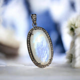 Rainbow Moonstone Gemstone Pendant, Diamond Pendant, Silver Pendant, Pave Diamond Pendant, Moonstone Pendant, Sterling Silver Jewelry