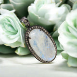 Rainbow Moonstone Gemstone Pendant, Diamond Pendant, Silver Pendant, Pave Diamond Pendant, Moonstone Pendant, Sterling Silver Jewelry