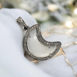 White Moonstone Gemstone Pendant, Moon Crescent Silver Diamond Pendant, Spiritual Healing Crystal Jewelry, Chakra Jewelry, June Birthstone