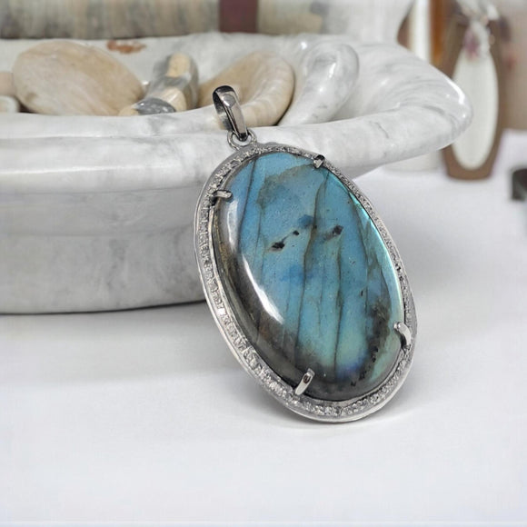 Labradorite Gemstone Pendant, Silver Pave Diamond Pendant, Spiritual Healing Crystal Pendant, Aura Cleansing Chakra Balancing Jewelry Gifts