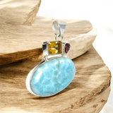 Silver Gemstone Pendant : Larimar, Garnet & Citrine, Spiritual Healing Crystal Pendant, Chakra Jewelry, Birthstone Pendant, Bohemian Jewelry