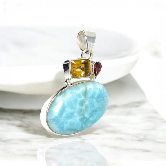 Natural Larimar with Garnet and Citrine Gemstone Pendant, Sterling Silver Jewelry, Larimar Pendant, Citrine Pendant, Bohemian Jewelry