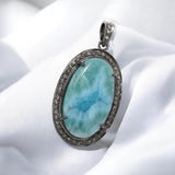 Larimar Pendant, Gemstone Pendant, Silver Pendant, Natural Larimar, Diamond Pendant, Pave Diamond Pendant, Sterling Silver Pendant, DIY