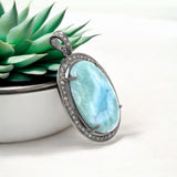 Larimar Pendant, Gemstone Pendant, Silver Pendant, Natural Larimar, Diamond Pendant, Pave Diamond Pendant, Sterling Silver Pendant, DIY