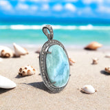Larimar Pendant, Gemstone Pendant, Silver Pendant, Natural Larimar, Diamond Pendant, Pave Diamond Pendant, Sterling Silver Pendant, DIY
