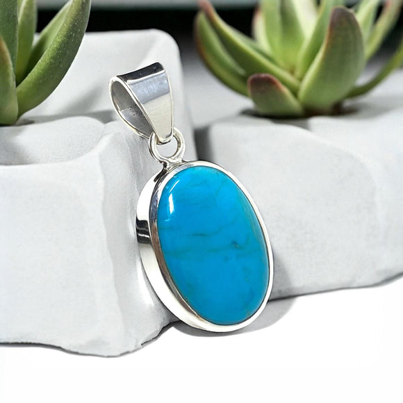 Natural Sleeping Beauty Turquoise Pendant, Sterling Silver Turquoise Gemstone Pendant, Bohemian Jewelry, 1.45” X 0.60”