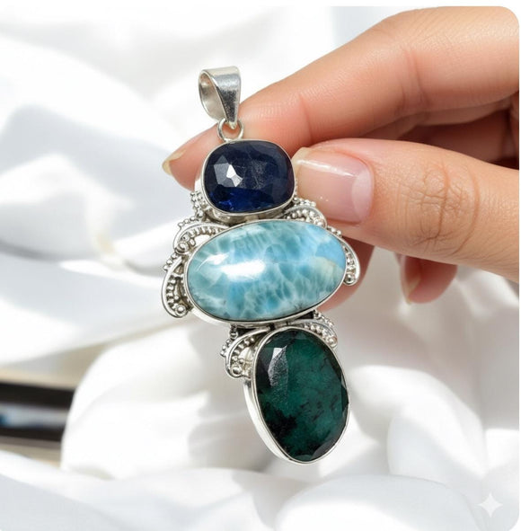 Silver Gemstone Pendant: Larimar, Emerald and Blue Sapphire, Spiritual Healing Crystal Pendant, Chakra Jewelry, Birthstone Jewlery Gifts
