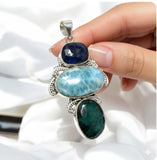 Silver Gemstone Pendant: Larimar, Emerald and Blue Sapphire, Spiritual Healing Crystal Pendant, Chakra Jewelry, Birthstone Jewlery Gifts