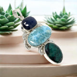 Silver Gemstone Pendant: Larimar, Emerald and Blue Sapphire, Spiritual Healing Crystal Pendant, Chakra Jewelry, Birthstone Jewlery Gifts