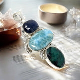 Silver Gemstone Pendant: Larimar, Emerald and Blue Sapphire, Spiritual Healing Crystal Pendant, Chakra Jewelry, Birthstone Jewlery Gifts