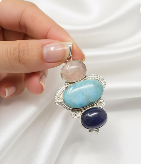 Silver Gemstone Pendant : Larimar, Morganite & Tanzanite, Spiritual Healing Crystal Pendant, Chakra Jewelry, Birthstone Jewelry Gifts