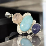 Silver Gemstone Pendant : Larimar, Morganite & Tanzanite, Spiritual Healing Crystal Pendant, Chakra Jewelry, Birthstone Jewelry Gifts