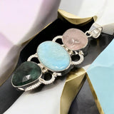 Larimar Gemstone Pendant with Emerald and Morganite , Wire Wrapped Pendant, Silver Jewelry Gifts for Her, Bohemian Jewelry