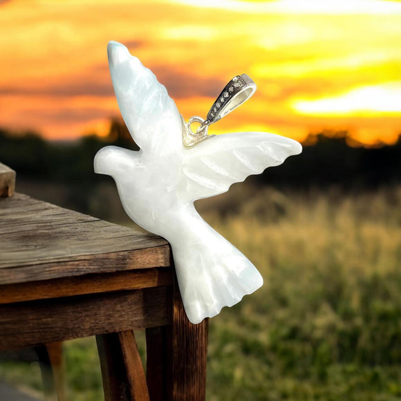 White Dove Larimar Diamond Pendant, Silver Bird Gemstone Jewelry, Spiritual Healing Crystal Pendant, Chakra Jewelry, December Birthstone