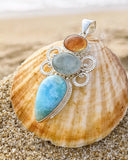 Sterling Silver Gemstone Pendant : Larimar, Aquamarine & Sunstone, Spiritual Healing Crystal Pendant, Aura Chakra Jewelry, Bohemian Jewelry