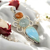 Sterling Silver Gemstone Pendant : Larimar, Aquamarine & Sunstone, Spiritual Healing Crystal Pendant, Aura Chakra Jewelry, Bohemian Jewelry