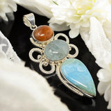 Larimar Gemstone Pendant with Aquamarine and Sunstone, Wire Wrapped Pendant, Silver Jewelry Gifts for Her, Bohemian Jewelry