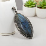 Labradorite Pendant, Gemstone Pendant, Diamond Pendant, Silver Pendant, Pave Diamond Pendant, Oxidized Silver Pendant, Gifts for Her