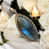 Labradorite Pave Diamond Pendant, Silver Gemstone Pendant, Spiirtual Healing Crystal Jewelry, Energy Aura Cleansing Chakra Jewelry Gifts