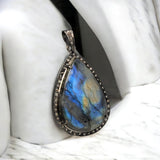 Labradorite Pendant, Gemstone Pendant, Diamond Pendant, Silver Pendant, Pave Diamond Pendant, Oxidized Silver Pendant, Gifts for Her