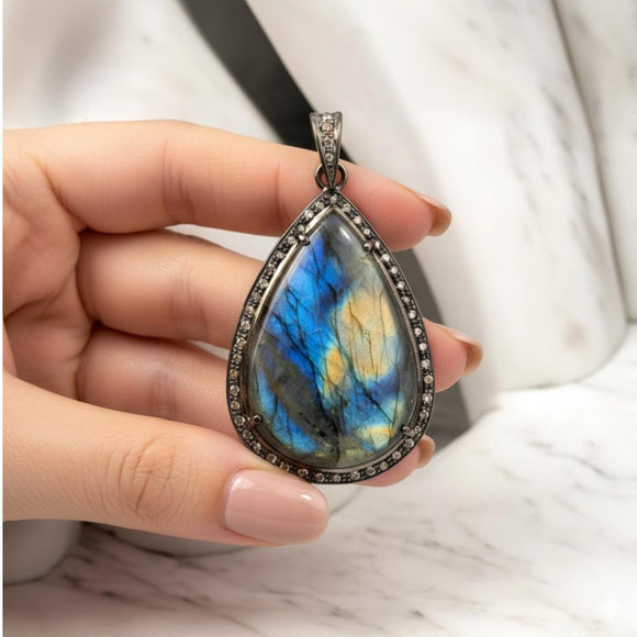 Labradorite Pendant, Gemstone Pendant, Diamond Pendant, Silver Pendant, Pave Diamond Pendant, Oxidized Silver Pendant, Gifts for Her