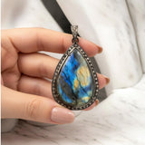 Labradorite Pendant, Gemstone Pendant, Diamond Pendant, Silver Pendant, Pave Diamond Pendant, Oxidized Silver Pendant, Gifts for Her