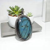 Labradorite Gemstone Pendant, Silver Pave Diamond Pendant, Spiritual Healing Crystal Pendant, Aura Cleansing Chakra Balancing Jewelry Gifts