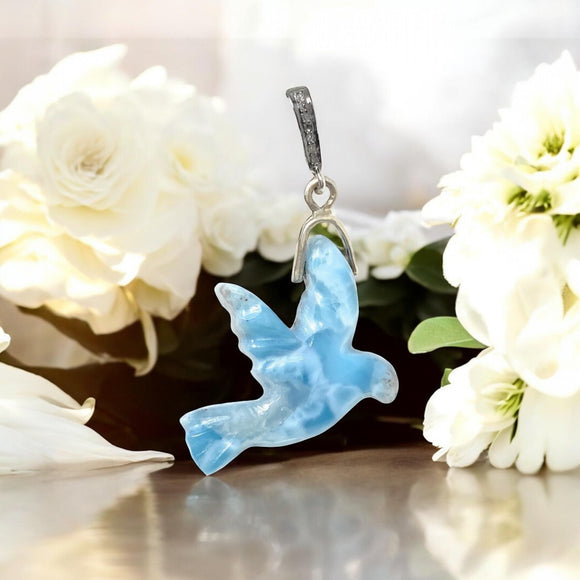 Larimar Bird Pave Diamond Pendant, Silver Bohemian Jewelry, Spiritual Healing Crytsal Pendant, Chakra Jewelry, December Birthstone Gifts