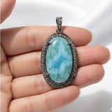Larimar Gemstone Pendant, Pave Diamond Pendant, Spiritual Healing Crystal Pendant Chakra Jewelry, December Birthstone, Silver Jewlery Gifts