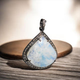 Rainbow Moonstone Gemstone Pendant, Silver Pave Diamond Pendant, Spiritual Healing Crytsal Jewelry, Healing Chakra Jewelry, June Birthstone
