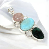Larimar Gemstone Pendant with Emerald and Morganite , Wire Wrapped Pendant, Silver Jewelry Gifts for Her, Bohemian Jewelry