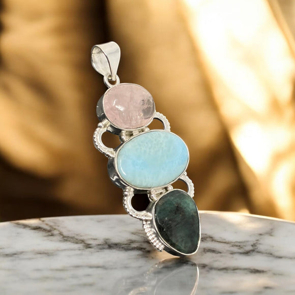 Larimar Gemstone Pendant with Emerald and Morganite , Wire Wrapped Pendant, Silver Jewelry Gifts for Her, Bohemian Jewelry