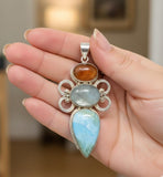 Sterling Silver Gemstone Pendant : Larimar, Aquamarine & Sunstone, Spiritual Healing Crystal Pendant, Aura Chakra Jewelry, Bohemian Jewelry