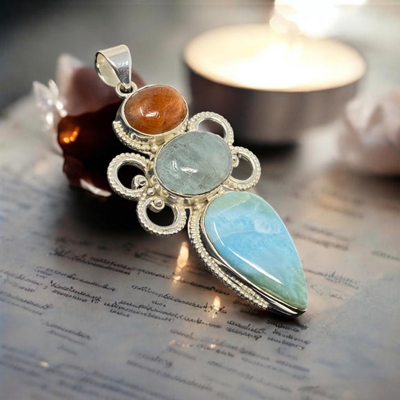 Larimar Gemstone Pendant with Aquamarine and Sunstone, Wire Wrapped Pendant, Silver Jewelry Gifts for Her, Bohemian Jewelry