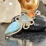 Sterling Silver Gemstone Pendant : Larimar, Aquamarine & Sunstone, Spiritual Healing Crystal Pendant, Aura Chakra Jewelry, Bohemian Jewelry