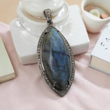 Labradorite Pendant, Gemstone Pendant, Diamond Pendant, Silver Pendant, Pave Diamond Pendant, Oxidized Silver Pendant, Gifts for Her