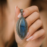 Labradorite Pave Diamond Pendant, Silver Gemstone Pendant, Spiirtual Healing Crystal Jewelry, Energy Aura Cleansing Chakra Jewelry Gifts