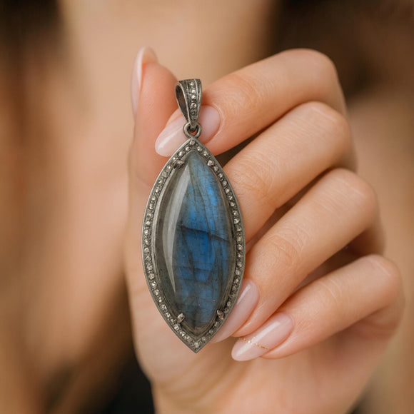 Labradorite Pendant, Gemstone Pendant, Diamond Pendant, Silver Pendant, Pave Diamond Pendant, Oxidized Silver Pendant, Gifts for Her