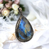 Labradorite Pendant, Gemstone Pendant, Diamond Pendant, Silver Pendant, Pave Diamond Pendant, Oxidized Silver Pendant, Gifts for Her