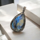 Labradorite Pendant, Gemstone Pendant, Diamond Pendant, Silver Pendant, Pave Diamond Pendant, Oxidized Silver Pendant, Gifts for Her