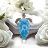 24g Rare Larimar Carved Turtle Pendant, Large Larimar Silver Pendant, Bohemian Jewelry, Genuine Dominican Republic Larimar Pendant