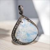 Rainbow Moonstone Gemstone Pendant, Silver Pave Diamond Pendant, Spiritual Healing Crytsal Jewelry, Healing Chakra Jewelry, June Birthstone