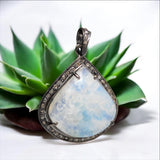 Rainbow Moonstone Gemstone Pendant, Silver Pave Diamond Pendant, Spiritual Healing Crytsal Jewelry, Healing Chakra Jewelry, June Birthstone